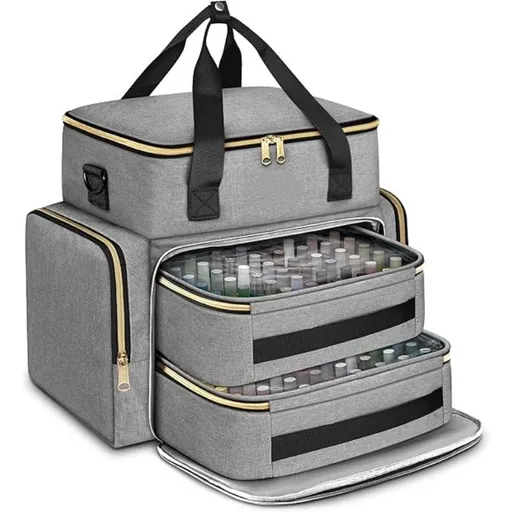 Large Capacity Nail Polish Organizer Bag Double Layer Portable Storage Case with Sponge Dividers for Manicure Tools Cosmetics and Travel Use (Grey)