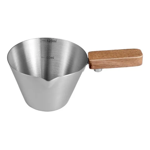 Espresso Measuring Cup with Wood Handle, Stainless Steel Espresso Pouring Cup for Home & Cafe Use, 120mL(original color)