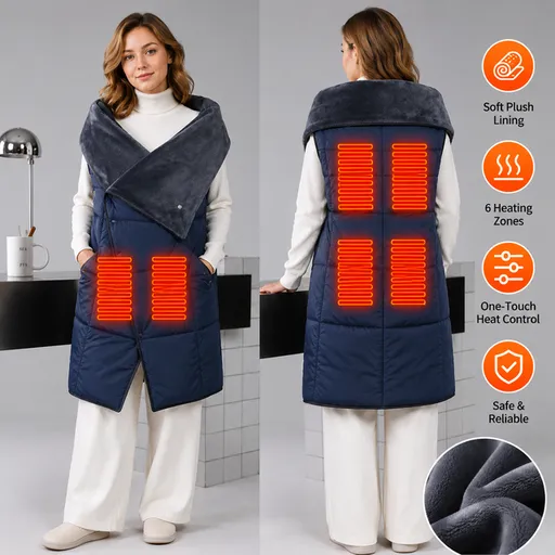 Dark Blue Wearable Heated Blanket Shawl for Women - USB Powered Electric Heating Wrap with 6 Carbon Fiber Heating Zones, 3 Temp Levels and Washable Multi Use Design