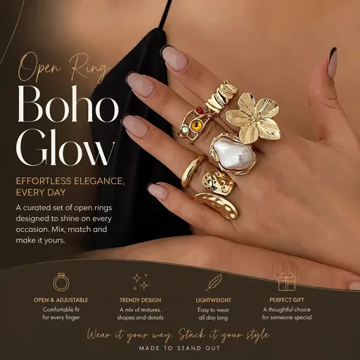 Stylish Large Sculpted Floral Split Band Rings, Popular Ins Pearl Rhinestone Inlaid Finger Jewellery, Light Gold, 6 Pack