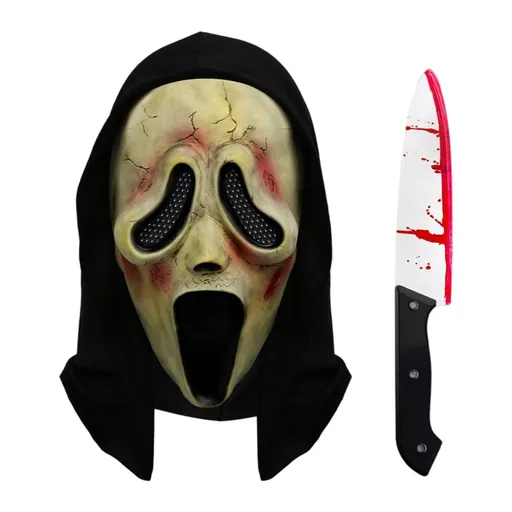 Scream Ghost Face Mask with Bloody Knife Prop Halloween Cosplay Latex Hood Mask for Horror Parties Black