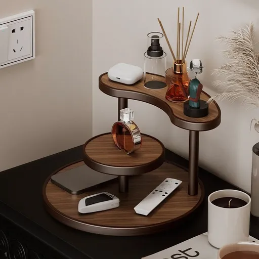 Three-tier Rotating Cosmetic Organizer, Wooden Bathroom Vanity Storage Rack, Suitable for Skincare Products, Perfumes, and Cosmetics — A Space-Saving Countertop Display Stand. Perfect for Placing on Coffee Tables, Office Desks, （Walnut color regular