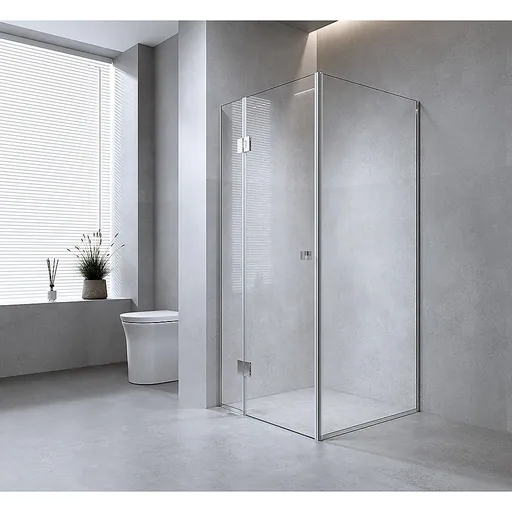 100x70cm Chrome Corner Frameless Shower Screen with Wall Channel Brackets, Stainless Steel Hinges & Square Double Pull Handle