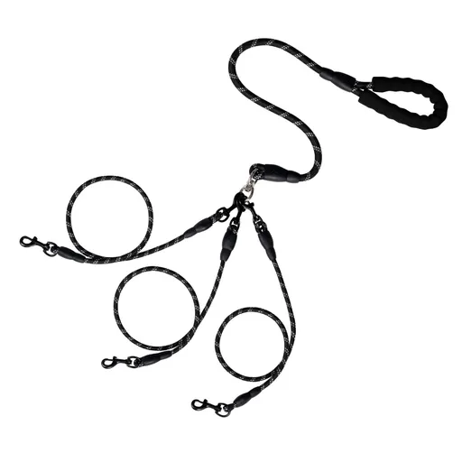 No Tangle 3 Dog - Main Lead Rope with Padded Handle, Three Detachable Leash Splitters, Heavy-Duty Clip, Walking, Running, Small, Medium, Large Dogs (Black)