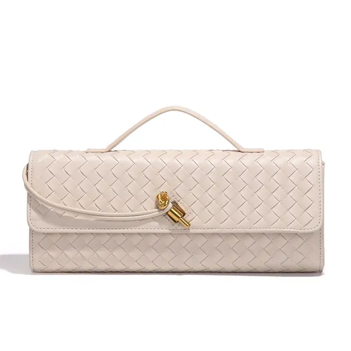 Beige Luxury Woven PU Leather Clutch - Elegant Women's Evening Baguette Bag with Adjustable Shoulder Strap