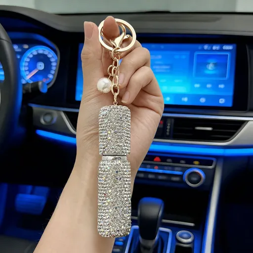 Rhinestone Mini Refillable Spray Bottle Keychain Charm with Faux Pearl Chain for Perfume and Hand Sanitizer, Portable Travel Accessory for Car Keys and Bags (Silver)