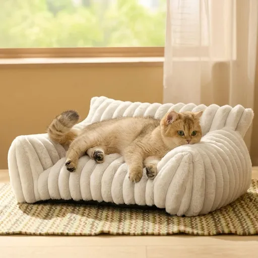 Luxurious Faux Rabbit Fur Plush Pet Sofa Bed with Bolster Sides, Removable Washable Cover and Deep Cushion for Cats and Small Dogs Seeking Ultimate Napping Comfort (M（75*50*20cm）, Ivory)