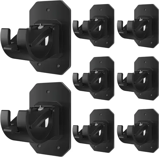 8PCS No Drill Curtain Rod Brackets,Nail Free Adjustable Curtain Rods No Drilling,Self Adhesive Curtain Rod Holder,Perforated Curtain Rod Hook,Non Screw Stick On Sticky Black Drape Pole Hanger Black