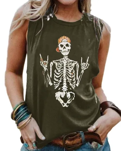 Women's Sleeveless Tank Top With Cool Skull Rock Gesture, Perfect For Summer Outings, Festivals And Casual Wear, M (Olive Green)
