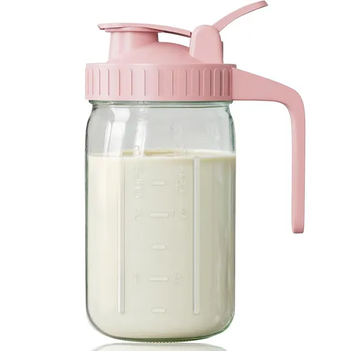 Pink Glass Mason Jar Pitcher 32oz with Flip Lid Pour Spout Milk Jug Leak-Proof Airtight Seal Wide Mouth Beverage Container Cold Brew Coffee Iced Tea Juice Milk Dispenser Fridge Storage