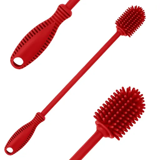 Silicone Bottle Cleaning Brush with Long Handle, BPA Free 12.5" Water Bottle Cleaner for Baby Bottles, Hydro Flask, Sports (Red)