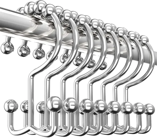 Shower Curtain Hooks Rings 12 Pack, Rust Resistant Double Roller Glide Shower Hooks for Bathroom, Shower Rods and Curtains, Nickel