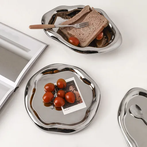 Silver Plated Ceramic Tray Set (Round & Long Shapes) – Minimalist Luxury Decorative Organizer for Jewelry, Vanity & Home Display| Other Styles Available in Store