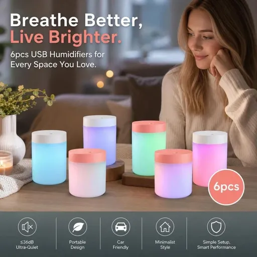 Mini USB Humidifier 200ML Low Noise Auto Shut Off Ambient Light White Pink 6 Pack
