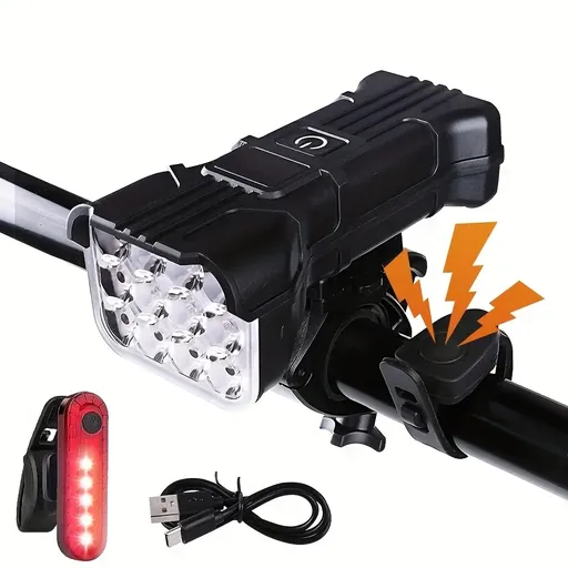 IPX4 Waterproof Bike Light Set, 12 LED 400 Lumens Front Light, USB Rechargeable, 5 Modes, for Road Night Riding（Headlight+horn+taillight）