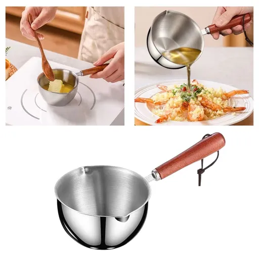 304 Stainless Steel Mini Soup Pot with Wooden Handle, 500ml Milk Warmer for Coffee, Tea, and Sauces, Small Saucepan for Heating Soup, Melting Butter, and Chocolate, Stovetop Safe