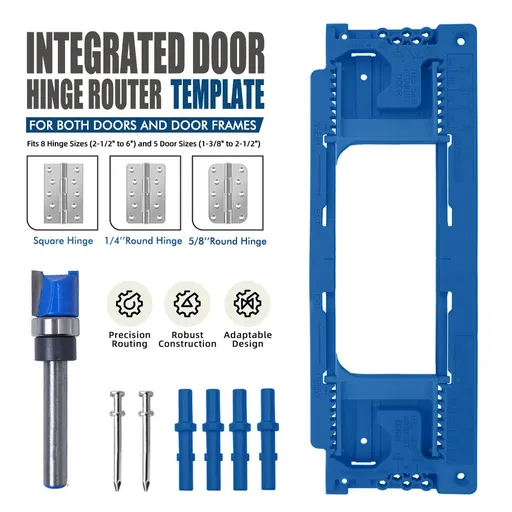 Adjustable Door Hinge Routing Template Jig Kit with Alloy Trimming Bit and Locating Pins for Woodworking Door Frame Mortise Installation (Blue)