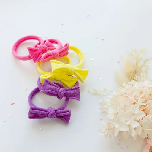 Handmade Simple Bow metal free hair ties - Candy - 1 Pairs - Pastel Yellow