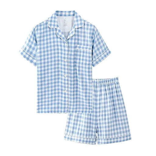 Cotton Short Sleeve Japanese Leisure Sleep Shorts Set Women's Sky Blue-Short Sleeve Shorts XL