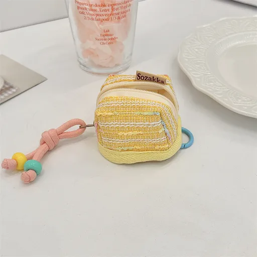3pc Chic Woven Mini Backpack Pouch - Earphone Case & Coin Purse with Keychain Lanyard(yellow)