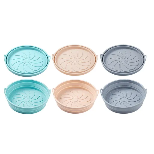 3 Pack Round Silicone Air Fryer Baking Moulds, Reusable Microwave and Oven Safe Liners for Cooking, Baking and Food Storage, Pink, Grey and Blue