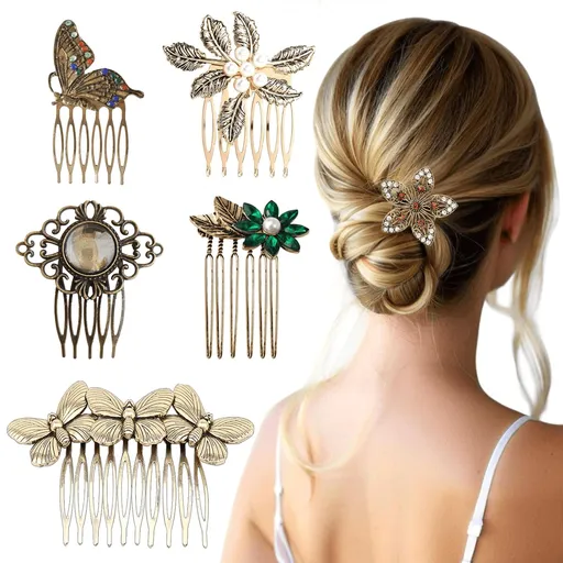 6 Pack Vintage gold Hair Side Combs for Women Decorative,Butterfly Flower Leaf Pearl Rhinestone Metal Hair Comb Tooth Clip with Teeth Grip Crystal Bridal Hair Piece Pins for Wedding Accessories