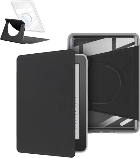360° Rotating & Detachable Magnetic Case for 6.8" Kindle Paperwhite 11th Generation (2021) – Auto Wake/Sleep, Hands-Free Stand, Clear Back Cover (black)