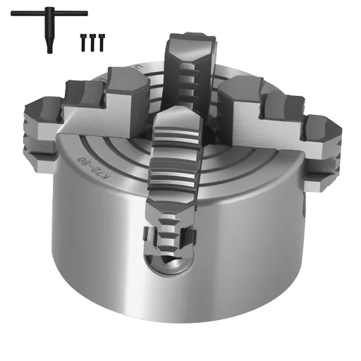 4-Jaw Lathe Chuck, 3 Inch (80 mm), 4-Jaw Chuck, 0.1-3.15 in (5-80 mm) Clamping Range with T-key Fixing Screws Reversible Jaws, HT300 Material, Internal External for Wood Metal Lathe