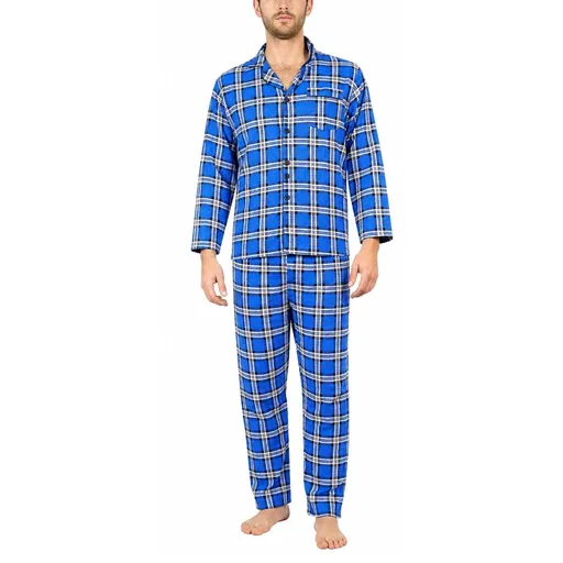 Mens Flannelette Pyjama Set 100% Cotton Long Sleeve Pants Soft Warm PJs - Blue