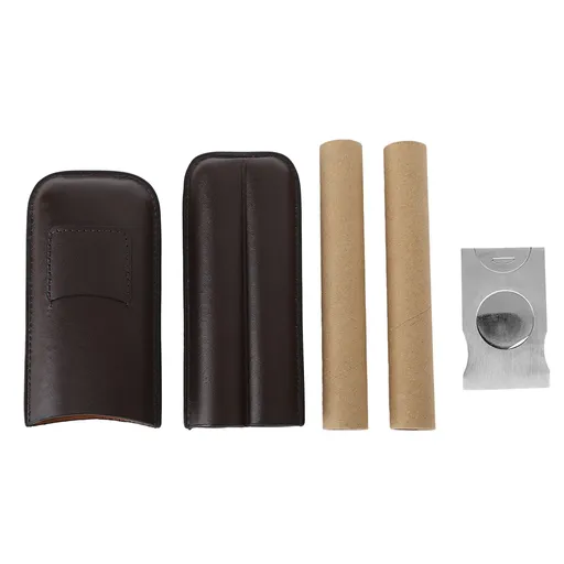 2 Finger Travel Cigar Holder Wearproof Portable Fashion Ventilate Leather Cigar Case with Cutter for Business