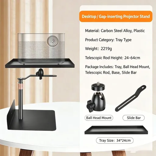 Hidden No-Drill Projector Stand, Sofa Bed Gap Floor Projector Mount with Adjustable Height, 360° Rotatable Tray, for Bedroom Home Theater