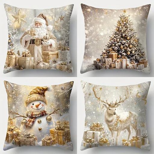 4 Pieces Christmas Cushion Covers with Snowman, Santa, Moose and Tree Print, Single-Sided Decorative Pillowcases, 45 x 45 cm