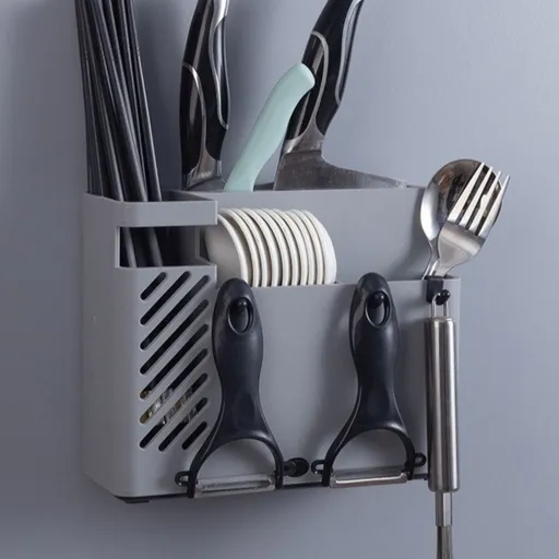 Wall-Mounted Chopstick Holder, Multi-Compartment Kitchen Utensil Storage Rack, Drainable Cutlery Organizer—Gray