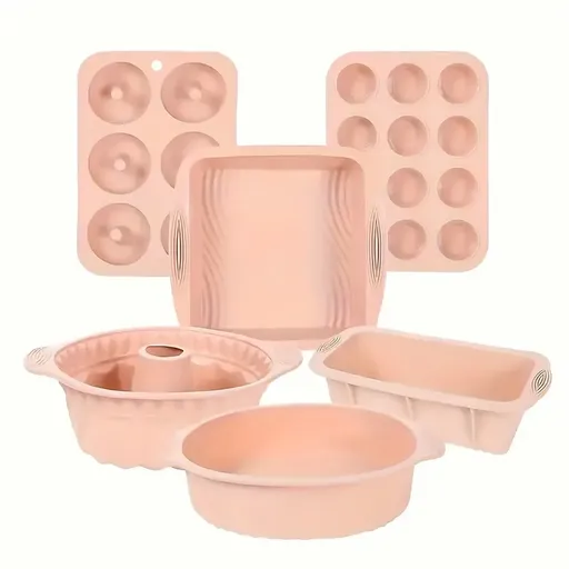 6PCS Silicone Cake Mould Set Baking Pans Nonstick Cupcake Cookie Tools Reusable - Pink