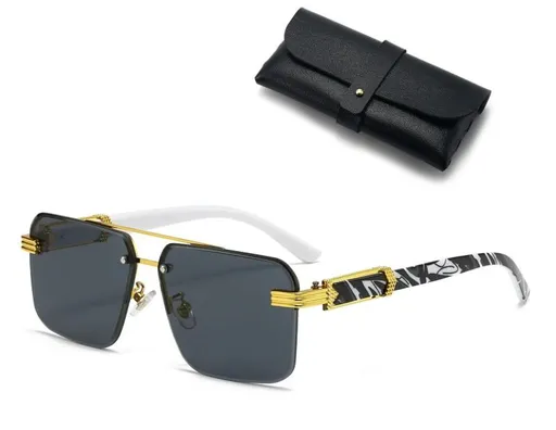 Square Rimless Diamond Cut Sunglasses with Black PU Leather Storage Case - Gold Frame Marble Black Sunscreen Glasses for Men & Women