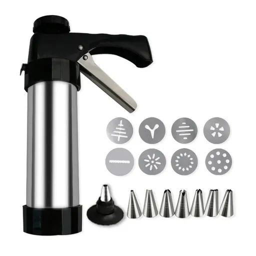 Stainless Steel Cookie Press Gun Kit Biscuit Maker & Icing Decorator Set with 8 Discs 8 Nozzles Heavy Duty DIY Baking Tool for Cakes