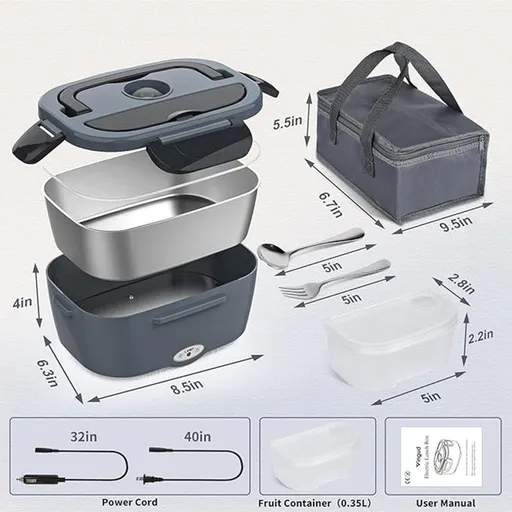 Grey Electric Lunch Box 1.5L - Portable Food Heater with 12V Car and 240V Home Plug, Stainless Steel Container and Leak Proof Lid - Heated Lunchbox for Office, Truck Drivers, Camping and Travel