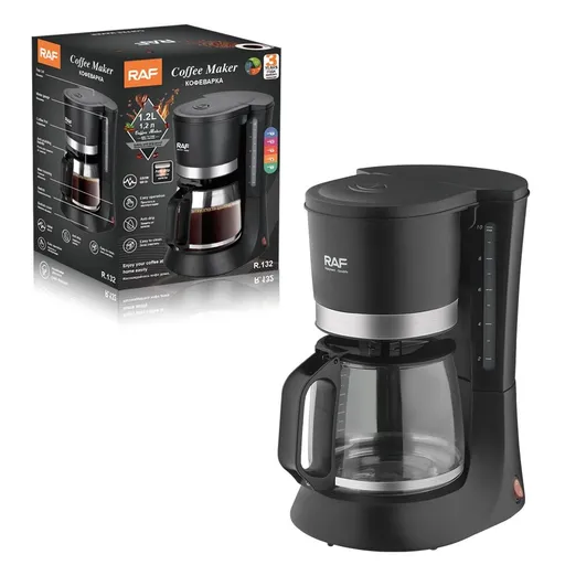 Automatic Drip Coffee Maker with Glass Carafe, Compact 1.2L Capacity, Anti-Drip System, Easy-Clean Design for Home, Office, or Small Kitchen Use, Black Stainless Steel Trim (Black)