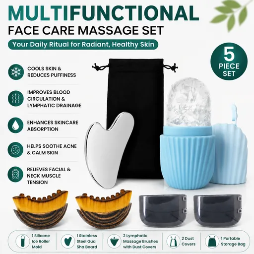 Facial Care Set Multifunctional Skincare Ice Roller 80ml Blue Silicone Gua Sha Board Stainless Steel Lymphatic Massage Brushes 2 Pack