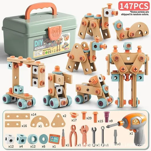DIY assembly toy, wooden building set, electric drill toy for kids, educational construction toy, creative puzzle set, children's tool kit, Australian toy, hand-eye coordination toy - Multi - Size 147pcs
