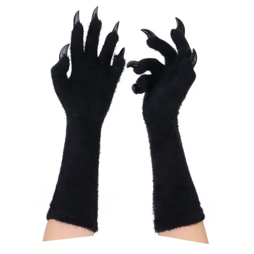 1 Pair Black Realistic Long Claw Gloves – Halloween Costume Beast Paw Prop with Resin Nails