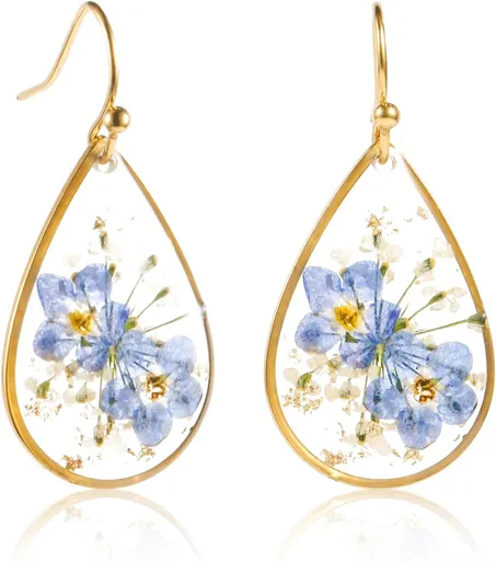 Flower Teardrop Earrings Forget Me Not 14K Gold Plated Dangle Elegant Sweet Pressed for Women Girls Tear Drop Jewelry -