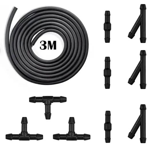 Hose for washer fluid, 3M - Hose for washer nozzle, mist sprayer, with hose connection 9 pcs, Rubber material, automotive replacement use, Black Color