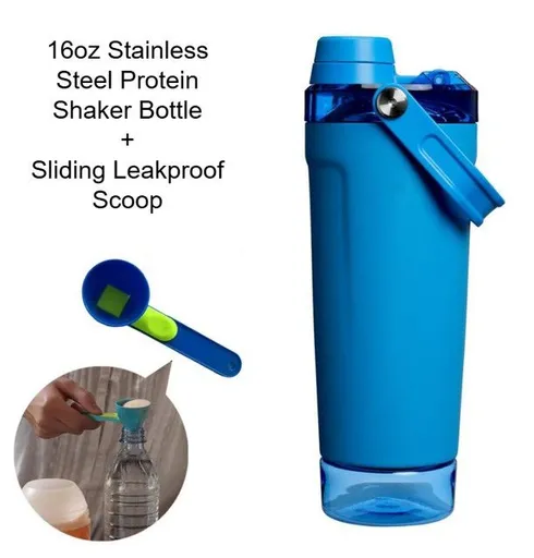 Blue Sports Nutritional Drinkware Set with 16oz Stainless Steel Protein Shaker Bottle and Sliding Anti-spill Scoop - Vacuum Insulated Gym Flask with Detachable Bottom Storage Capsule and Quick-Open Lid, Filter Net & Portable Handle for Gym and Outdoo