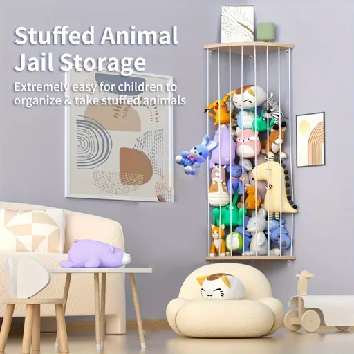 Corner Stuffed Animal Zoo Storage Rack (43-78" Adjustable Height) - Elastic Cord Plush Toy Organizer Holder & Wall Mounted Plushie Jail Rack