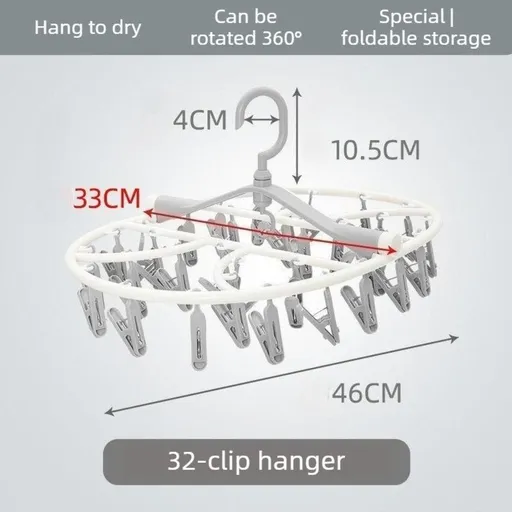 Folding Clothes Hanger with 32 Clips, Foldable Multi-clip Hanger, Underwear and Socks Drying Rack—Gray