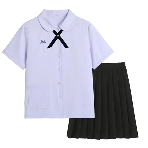 Thai School Uniform Shirt Cotton Blend Embroidery Badge Thai girls short sleeve shirt + thin black bow tie + black skirt L