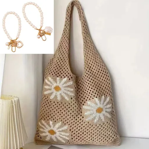 Bohemian Crochet Beach Tote Bag with Seashell & Heart Pearl Charm Keychains - Chic Summer Hollow Out Knit Shoulder Bag for Vacation and Shopping (Brown Flower)