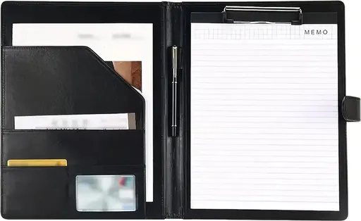 A4 Writing Folder - Conference Folder - Writing Pad - Eco Leather - Documentation Folder - Work Folder - Leather Conference Folder - Business Travel Portfolio Folder - With Ring Binder and Pen Holder - Sustainable - Black