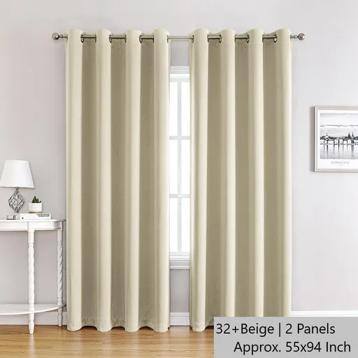 32+ Beige | Approx. 55x94 Inch Single Panel | 866g Per Panel | 210GSM Full Blackout Curtains, Grommet Top 2 Panels, Wood-Style Floor Length Drapes for French Door & Sliding Door, Ideal Christmas Gift
